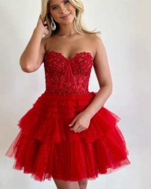 Red Beading Bodice Tulle Sweetheart Short Prom Dress with Layered Skirts HD3712