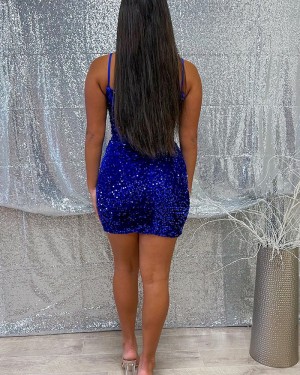 Navy Blue Sequin Spaghetti Straps Tight Short Prom Dress HD3713