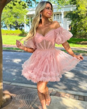 Dusty Pink Pleated Off the Shoulder A-line Short Prom Dress with Short Sleeves HD3720