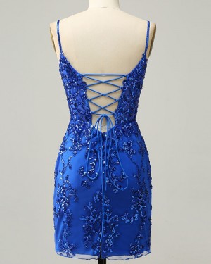 Royal Blue Sequin Lace Spaghetti Straps Tight Short Prom Dress HD3724