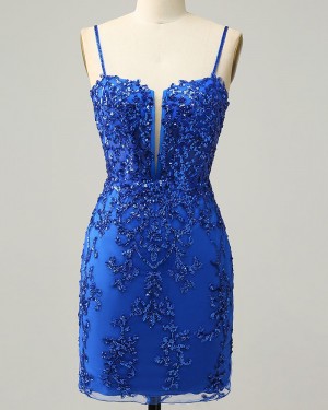 Royal Blue Sequin Lace Spaghetti Straps Tight Short Prom Dress HD3724