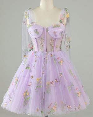 Lavender Lace Tulle Spaghetti Straps A-line Short Prom Dress HD3726