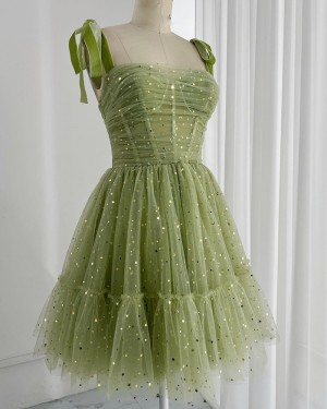 Ruched & Pleated Sequin Sage Tulle A-line Short Prom Dress HD3727