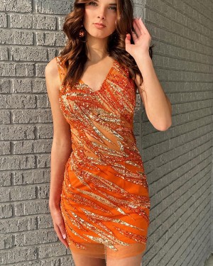 Fashion Orange Beading V-neck Tight Short Formal Dress NHD3739