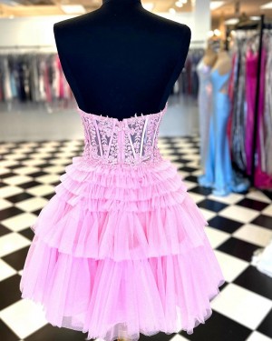 Pink Lace Bodice Ruffled A-line Sweetheart Short Formal Dress NHD3742