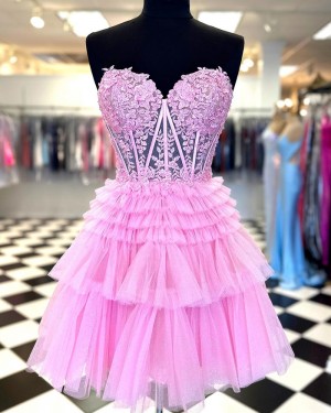Pink Lace Bodice Ruffled A-line Sweetheart Short Formal Dress NHD3742