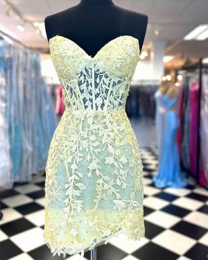 Sweetheart Lace & Beading Light Yellow Tight Short Formal Dress with Tulip Skirt NHD3743