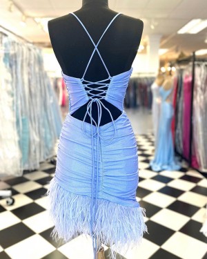 Sparkle Sky Blue Spaghetti Straps Tight Short Formal Dress with Feather NHD3744