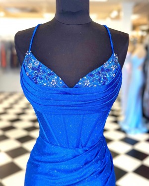 Sparkle Spaghetti Straps Royal Blue Ruched Beading Tight Short Formal Dress NHD3745