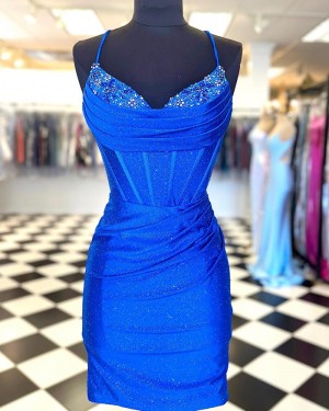 Sparkle Spaghetti Straps Royal Blue Ruched Beading Tight Short Formal Dress NHD3745