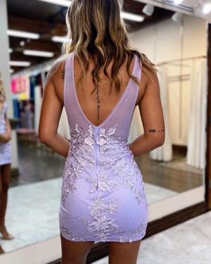 Lavender Lace Applique V-neck Tight Short Formal Dress HD3751