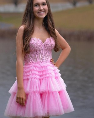 Lace Bodice Pink Ruffled Spaghetti Straps Short Formal Dress HD3756