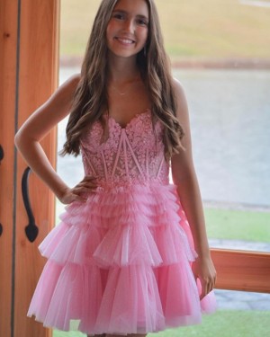 Lace Bodice Pink Ruffled Spaghetti Straps Short Formal Dress HD3756