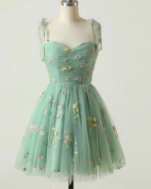 Floral Lace Mint Ruched Square Neckline Short Formal Dress HD3757