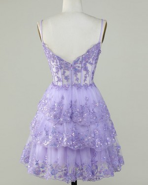 Lavender Lace Beading Spaghetti Straps Short Formal Dress with Layered Skirt HD3758
