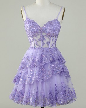 Lavender Lace Beading Spaghetti Straps Short Formal Dress with Layered Skirt HD3758