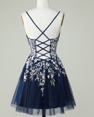 Navy Blue Beading Lace Spaghetti Straps Short Formal Dress HD3759