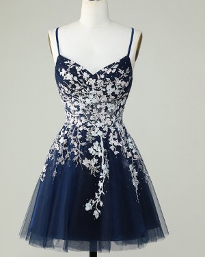 Navy Blue Beading Lace Spaghetti Straps Short Formal Dress HD3759