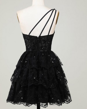 Black Sequin Lace One Shoulder Short Formal Dress with Layered Skirt HD3760