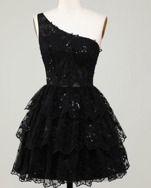Black Sequin Lace One Shoulder Short Formal Dress with Layered Skirt HD3760