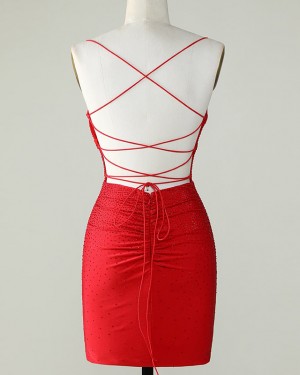 Beading Red Tight Spaghetti Straps Short Formal Dress HD3761
