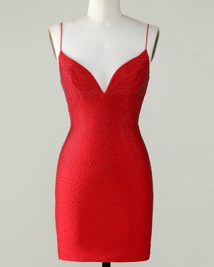 Beading Red Tight Spaghetti Straps Short Formal Dress HD3761