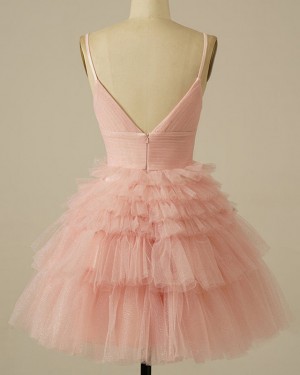 Dusty Pink Ruffled Spaghetti Straps Sparkle Short Formal Dress HD3762