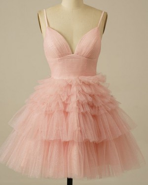 Dusty Pink Ruffled Spaghetti Straps Sparkle Short Formal Dress HD3762