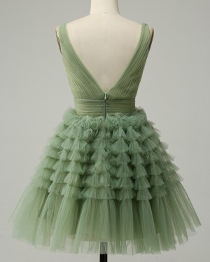 Tulle Olive Ruched & Ruffle V-neck Short Formal Dress HD3763