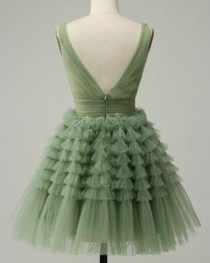 Tulle Olive Ruched & Ruffle V-neck Short Formal Dress HD3763