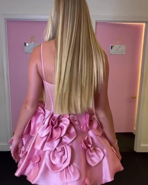 Pink A-line Spaghetti Straps Short Formal Dress with Handmade Flowers HD3777
