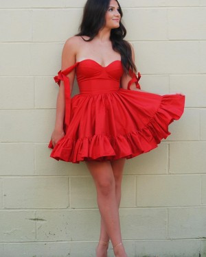 Off the Shoulder Red Ruched Satin Simple Short Formal Dress HD3779