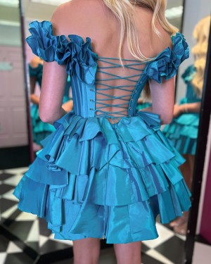 Blue Off the Shoulder Satin Ruched Short Formal Dress with Layered Skirts HD3786