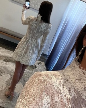 Lace High Neck A-line Short Formal Dress with Long Sleeves HD3790
