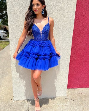 Appliqued Bodice Spaghetti Straps Short Formal Dress with Pleated Tulle Skirt  HD3791