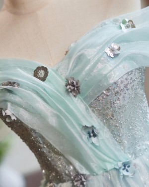 Cyan Beading & Sequin Off the Shoulder Short Formal Dress with 3D Flowers HD3794
