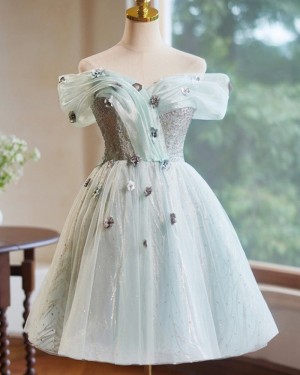 Cyan Beading & Sequin Off the Shoulder Short Formal Dress with 3D Flowers HD3794