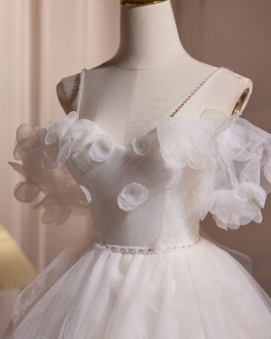 White Tulle Ruffled Off the Shoulder Short Formal Dress with 3D Flowers HD3795