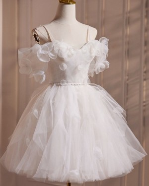White Tulle Ruffled Off the Shoulder Short Formal Dress with 3D Flowers HD3795
