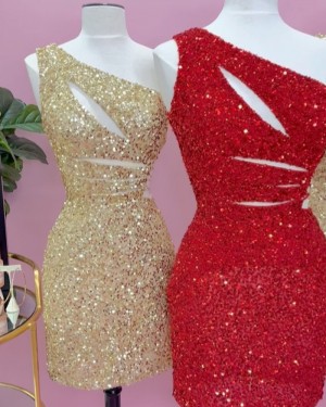 Burgundy Cutout Sequin One Shoulder Tight Short Formal Dress HD3796