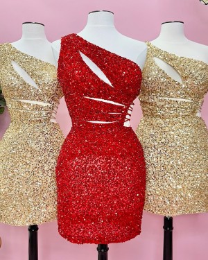Burgundy Cutout Sequin One Shoulder Tight Short Formal Dress HD3796