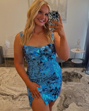 Cut Glass Mirror Square Neckline Blue Tight Short Hoco Dress HD3810