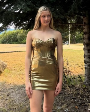 Sweetheart Gold Metallic Ruched Tight Short Hoco Dress HD3812