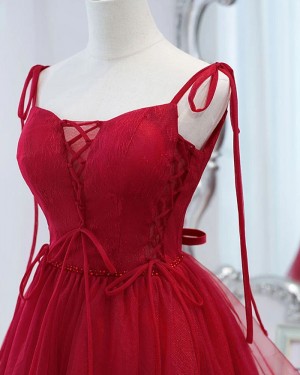 Lace Bodice Spaghetti Straps Red Tulle Short Hoco Dress HD3816
