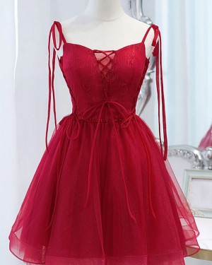 Lace Bodice Spaghetti Straps Red Tulle Short Hoco Dress HD3816