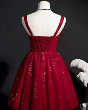 Sparkle Pleated Burgundy A-line Short Hoco Dress HD3817