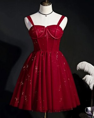Sparkle Pleated Burgundy A-line Short Hoco Dress HD3817