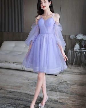Light Blue Cold Shoulder Tulle Short Hoco Dress with Half Length Sleeves HD3818