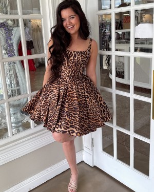 Cheetah Print Square Neckline A-line Short Hoco Dress HD3820