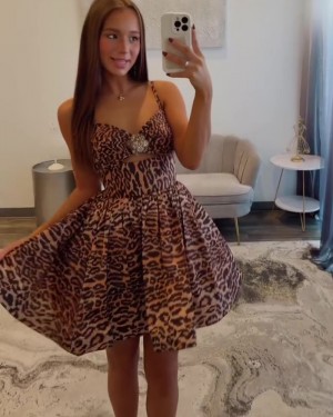 Cutout Cheetah Print Spaghetti Straps A-line Short Hoco Dress HD3821